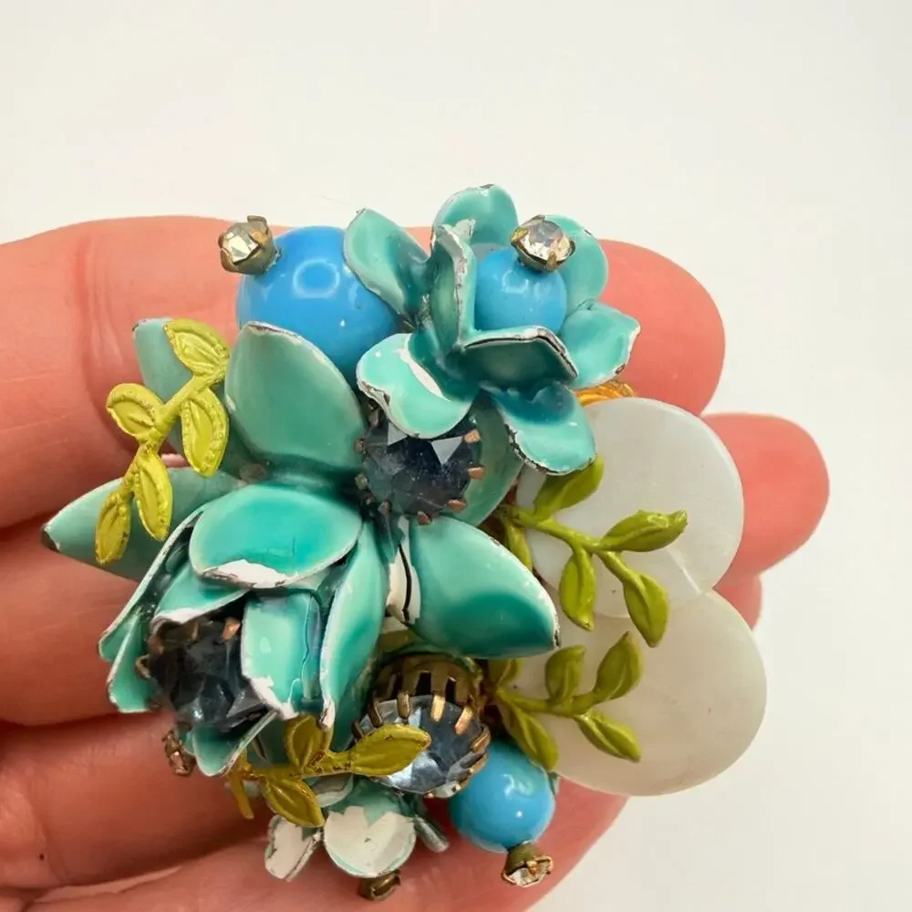 Vintage Enamel Flower Cluster Brooch Turquoise Blue Rhinestone MOP Pin